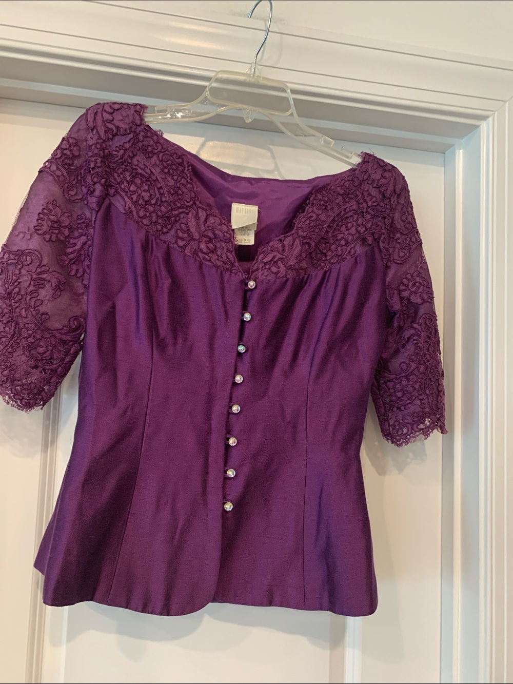Watters and Watters Deep Purple Lace-Sleeve Button Front Blouse vintage formal